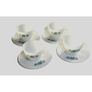 Vintage Fire-King Milk Glass Bonniie Blue Carnations Teacup & Saucer Set (4)